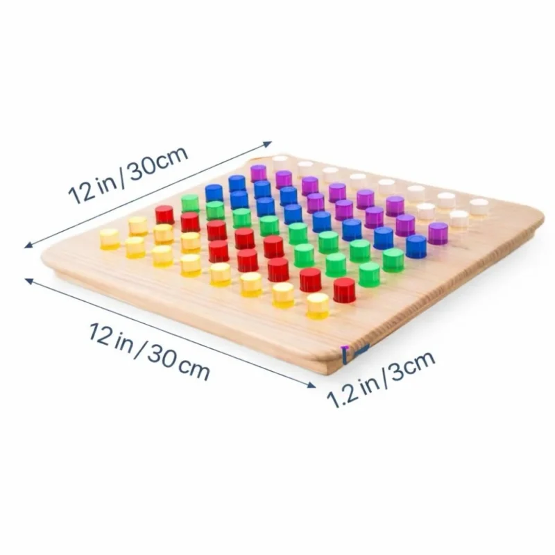 Size diagram showing 30x30 cm wooden LED peg board with pegs inserted