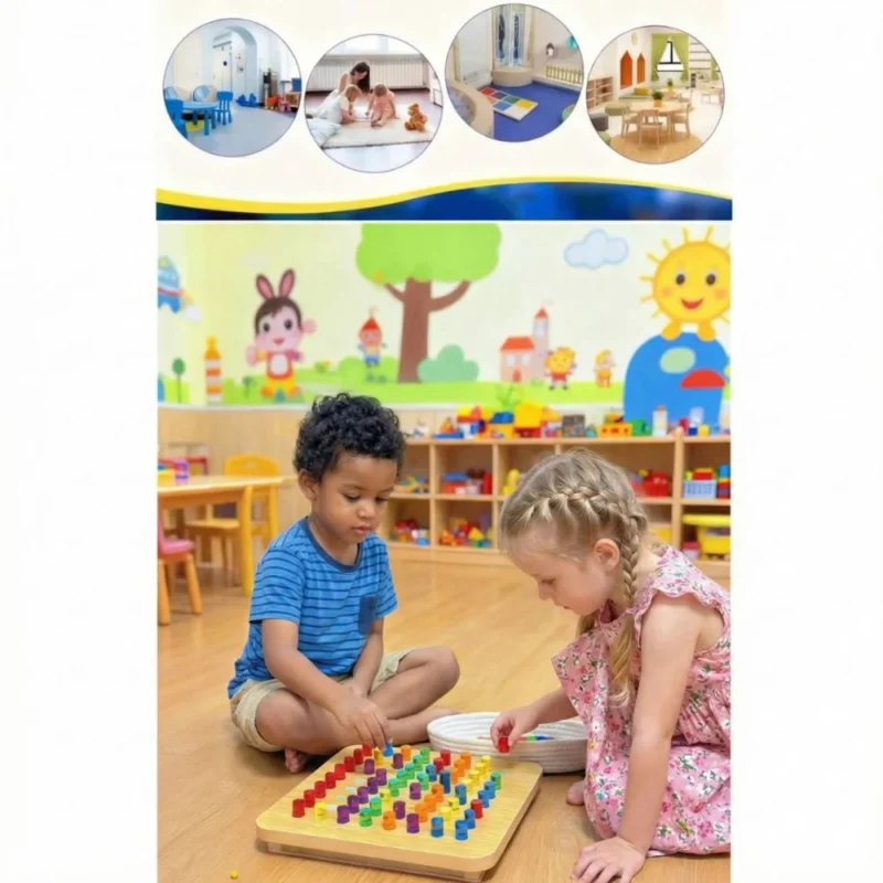 Close-up of acrylic color pegs used in the MoniBabu sensory LED peg board