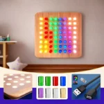 Wooden sensory LED peg board with 64 colorful acrylic pegs arranged in rows on a square board