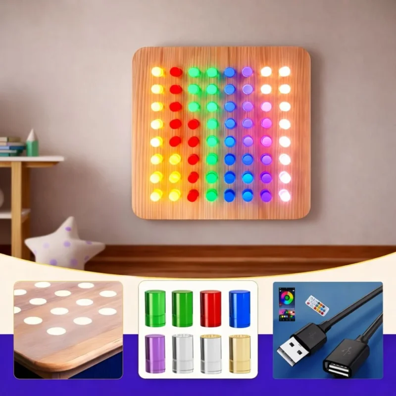 Wooden sensory LED peg board with 64 colorful acrylic pegs arranged in rows on a square board
