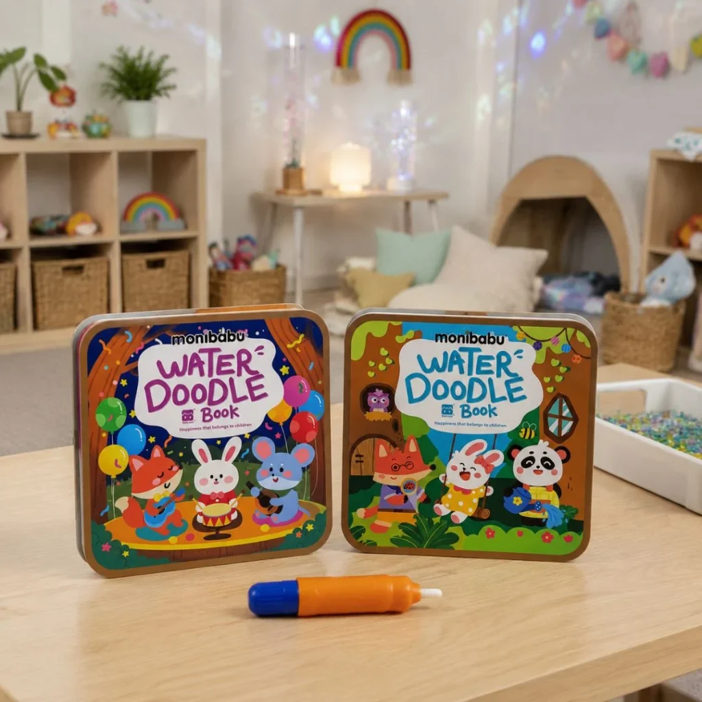 MoniBabu mess free coloring book set — 2 reusable water reveal books with a water pen