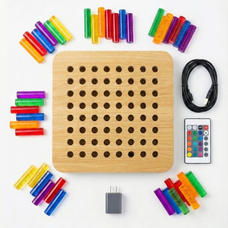 MoniBabu light up peg board with 64 acrylic pegs, remote, USB cable and wall adapter