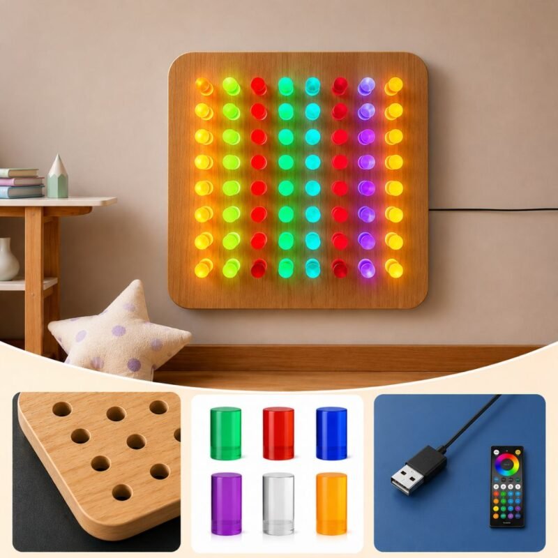 Light up peg board glowing with closeup of acrylic pegs, remote and USB cable