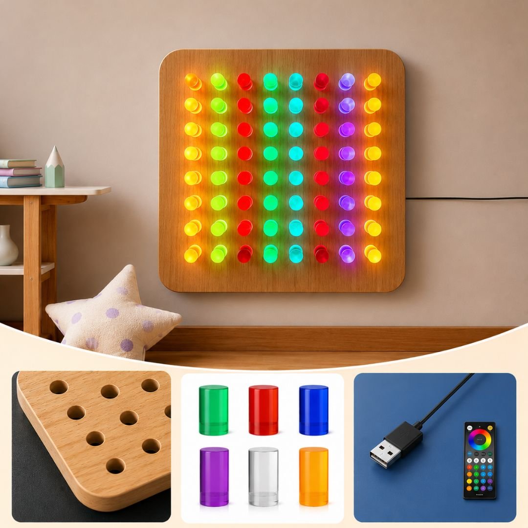 Light up peg board glowing with closeup of acrylic pegs, remote and USB cable