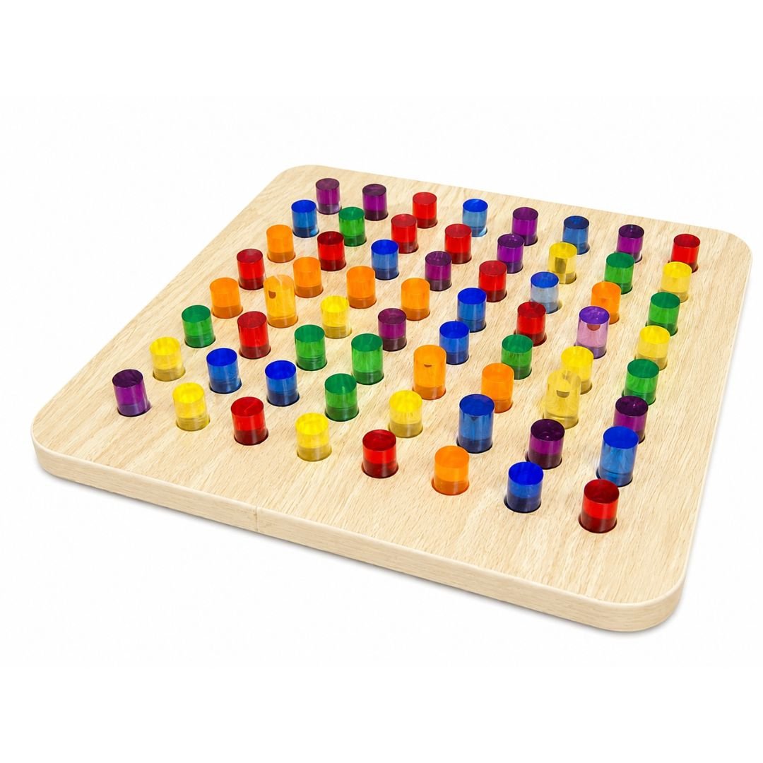 Light up peg board with translucent acrylic pegs arranged at an angle
