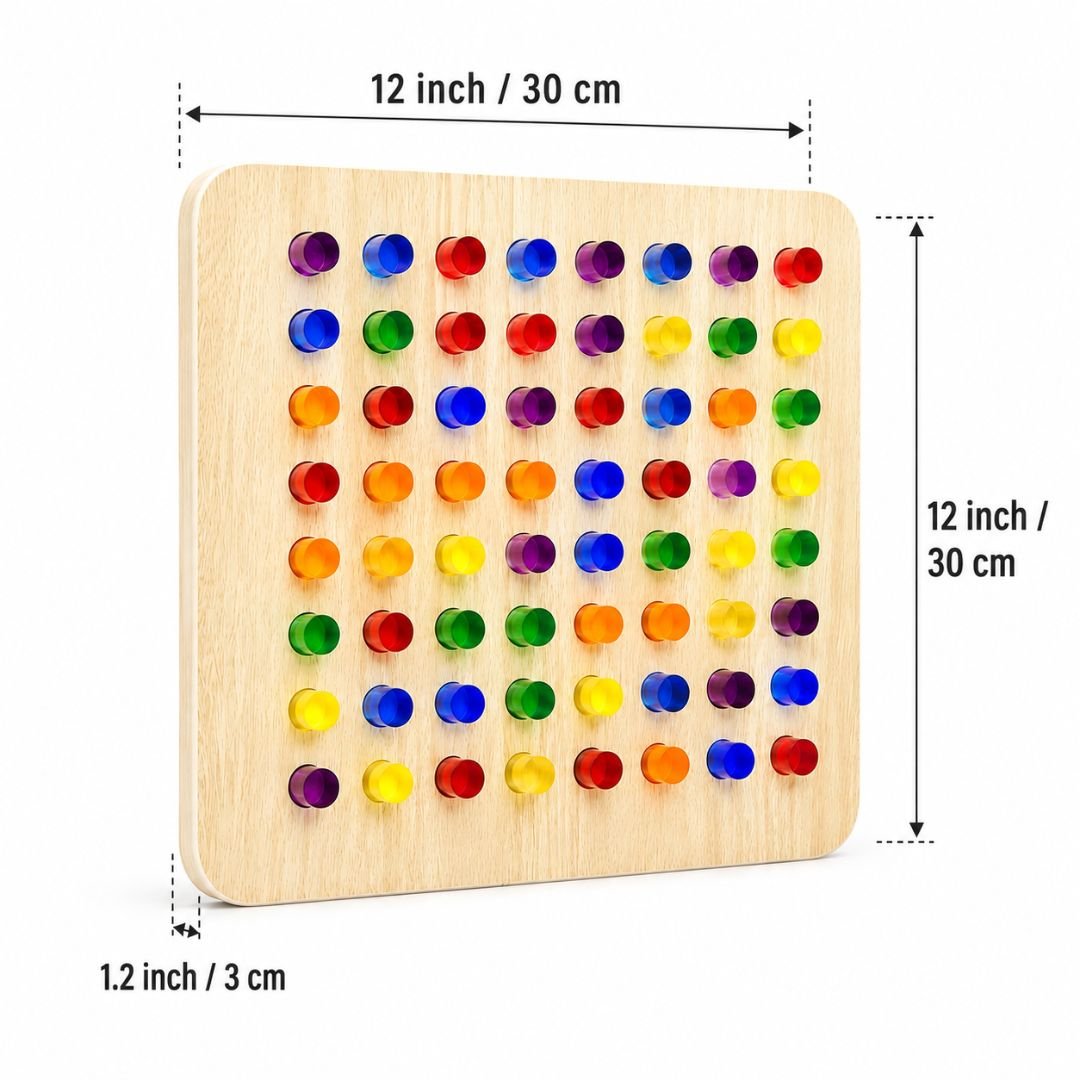 Light up peg board size chart showing 30 x 30 x 3 cm dimensions