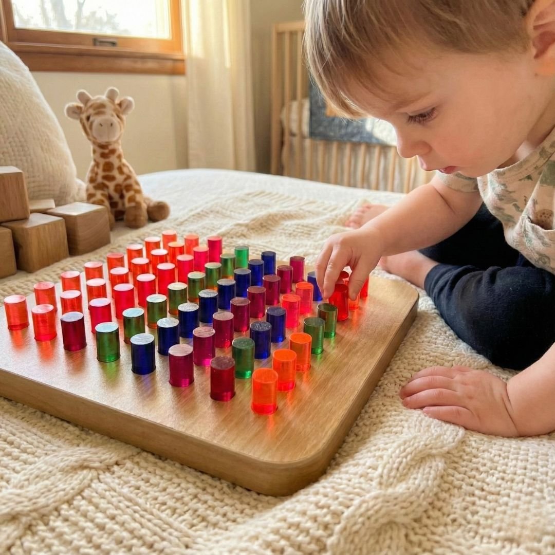 Toddler playing with the light up peg board sensory toy in a nursery