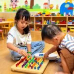 Children playing with the light up peg board in a classroom Two children playing with the light up peg board sensory toy in a classroom