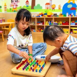 Two children playing with the light up peg board sensory toy in a classroom
