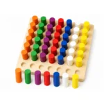 Montessori color sorting toy with 49 pegs sorted into 7 color columns on a white background