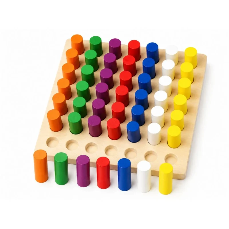 Montessori color sorting toy with 49 pegs sorted into 7 color columns on a white background