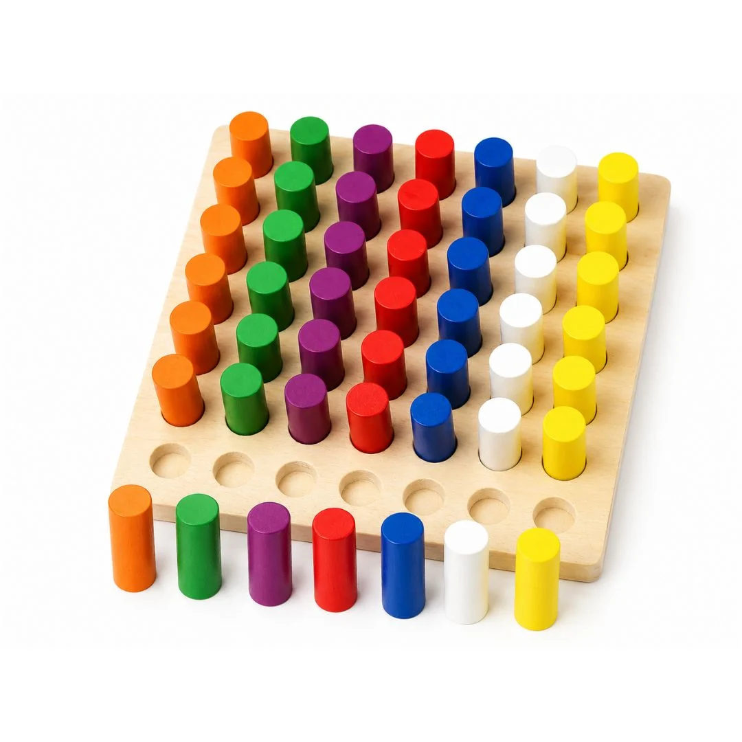 Montessori color sorting toy with 49 pegs sorted into 7 color columns on a white background