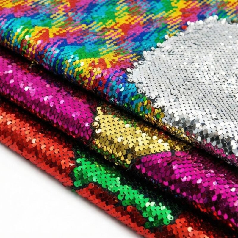 Three colorways of reversible flip sequin fabric folded to show both sides