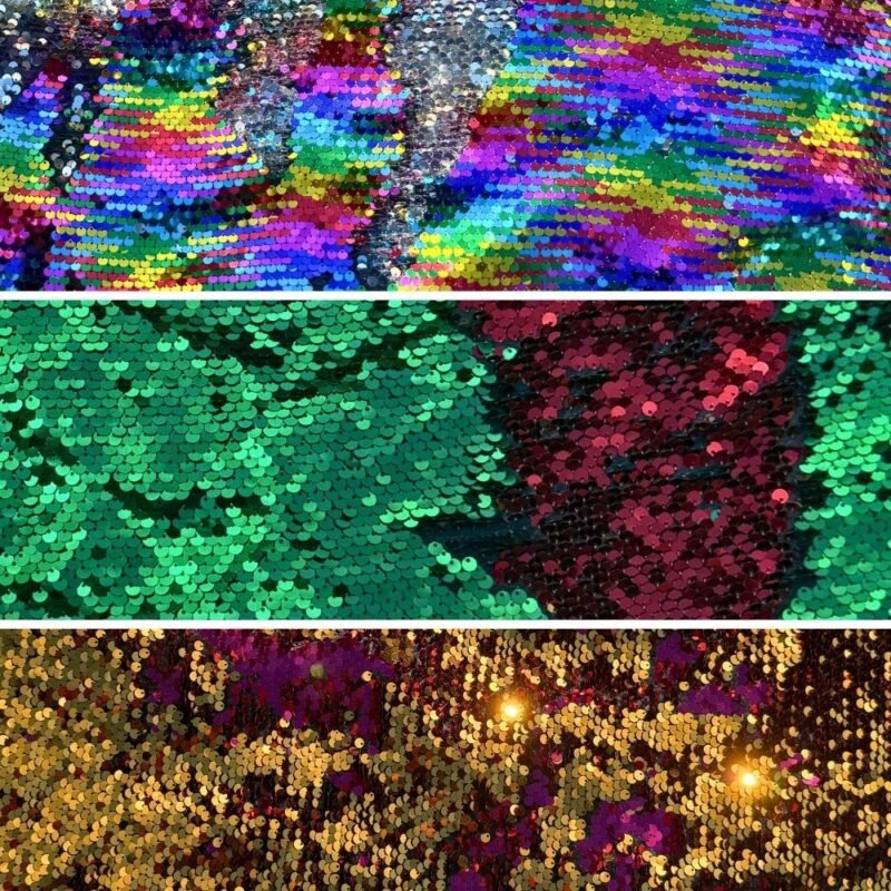 Reversible sequin fabric by the yard in three two-tone flip colorways