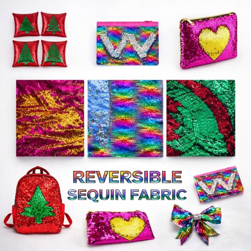 Reversible sequin fabric craft projects including pouches, pillows, backpack and bows