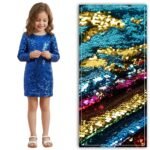 Girl in a blue sequin dress beside reversible mermaid sequin fabric
