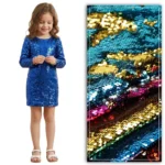 Girl in a blue sequin dress beside reversible mermaid sequin fabric