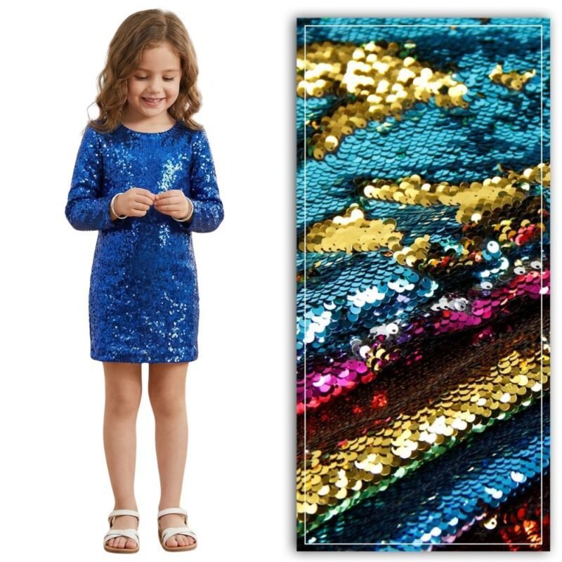 Girl in a blue sequin dress beside reversible mermaid sequin fabric