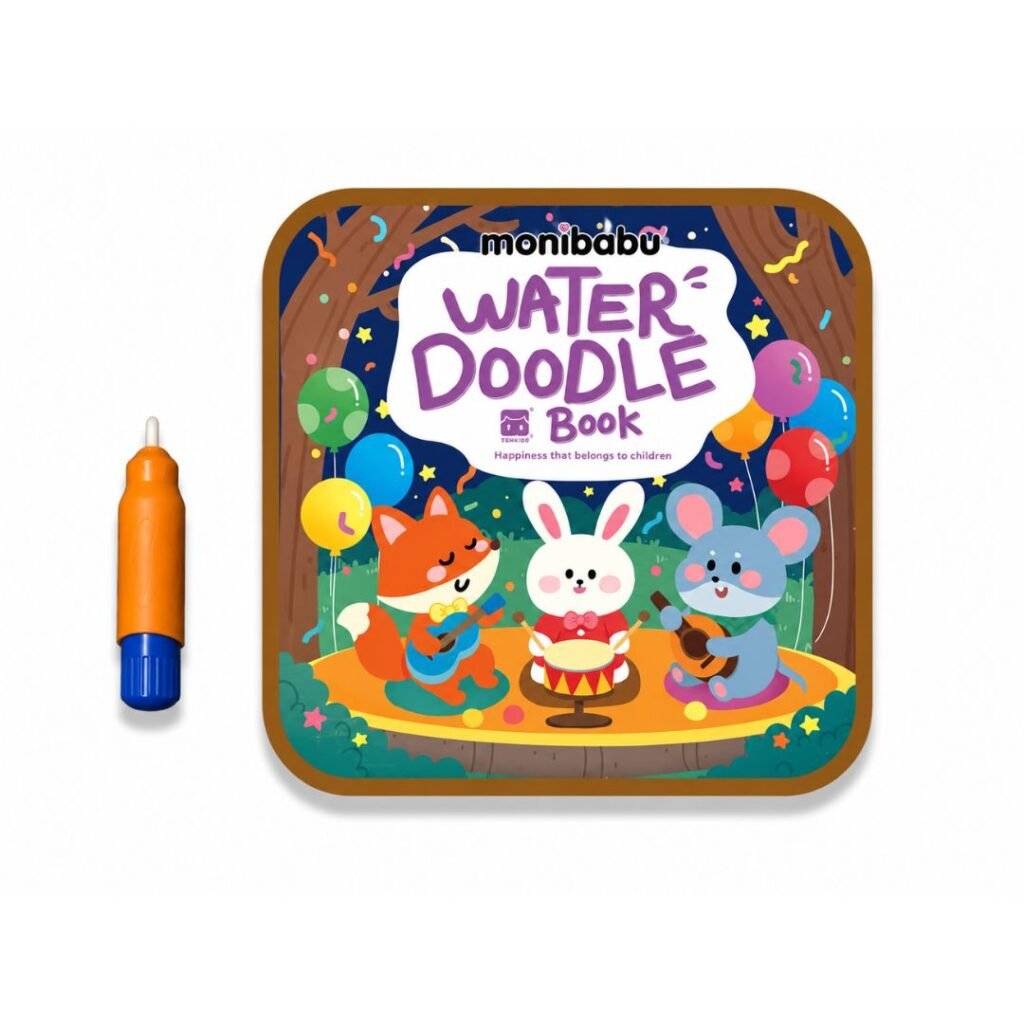 Water Doodle Book music party cover with fox, rabbit and mouse band