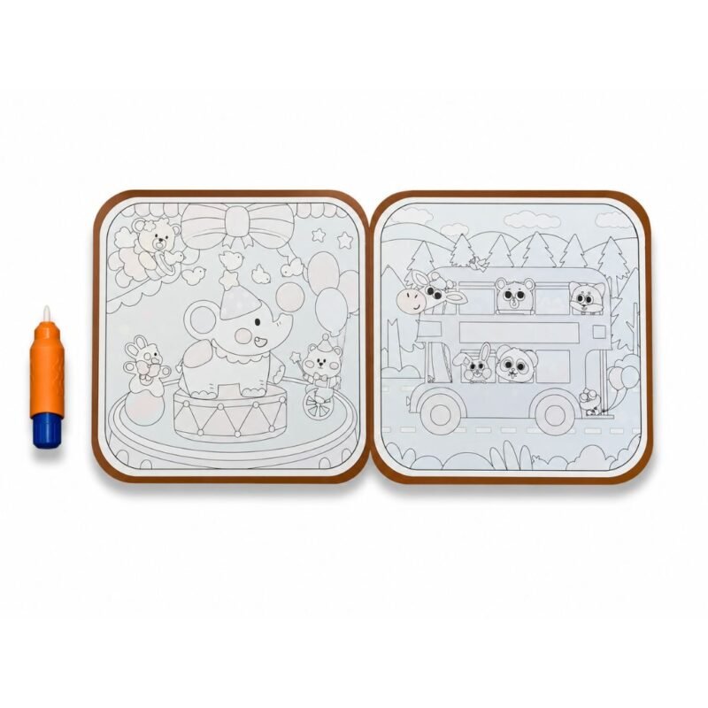 Reusable water reveal coloring book circus and double-decker bus pages