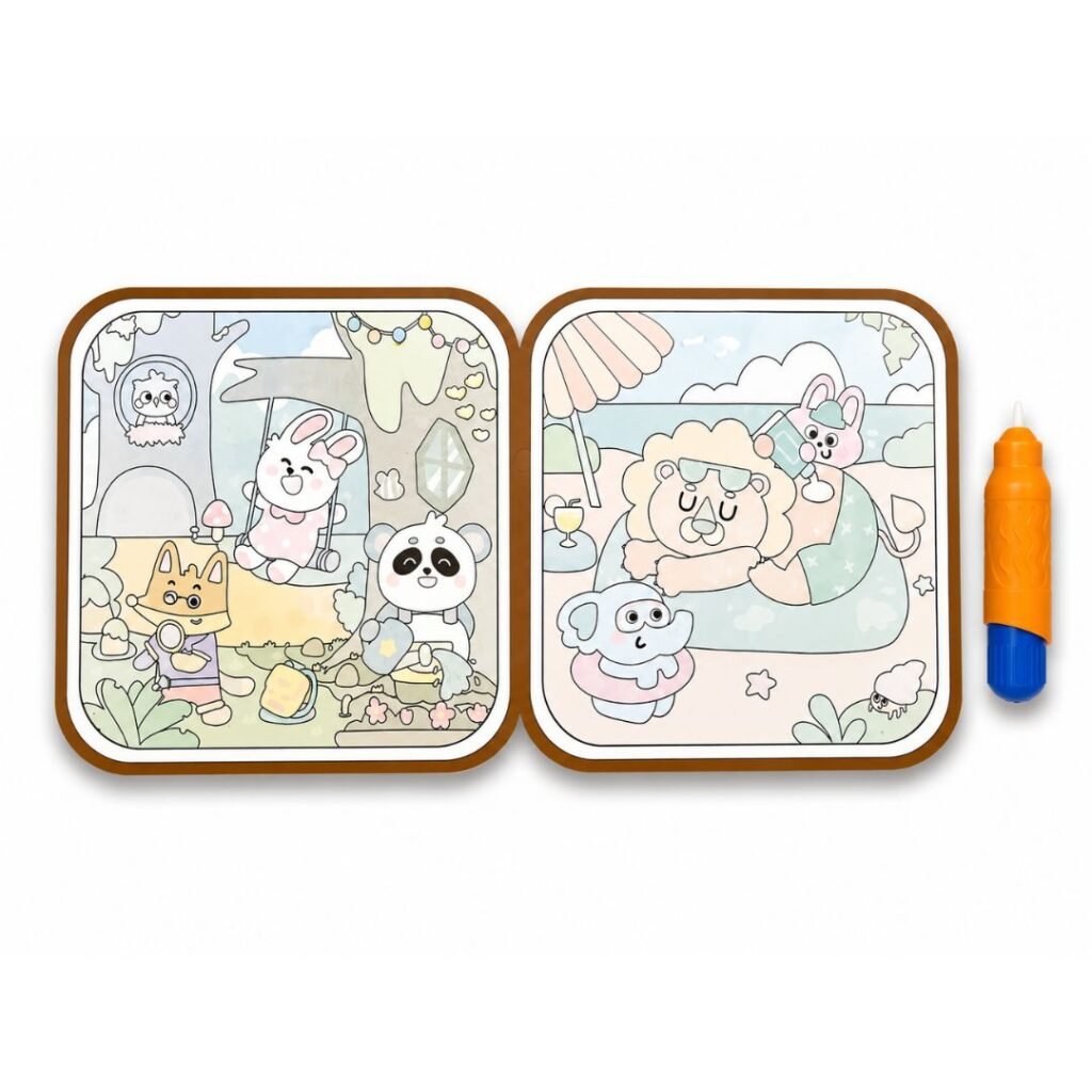 Reusable water reveal coloring book pages showing colored forest and beach scenes
