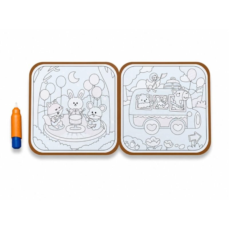 Reusable water reveal coloring book music party and city bus pages