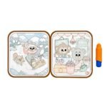 Water reveal coloring book showing colored snowy slopes and supermarket scenes