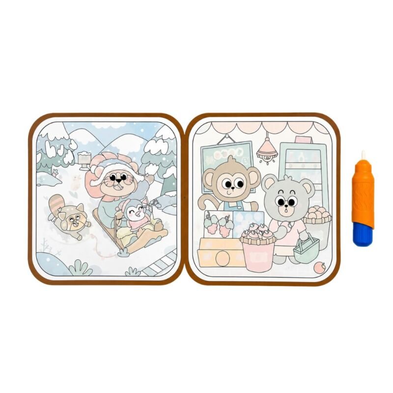 Water reveal coloring book showing colored snowy slopes and supermarket scenes