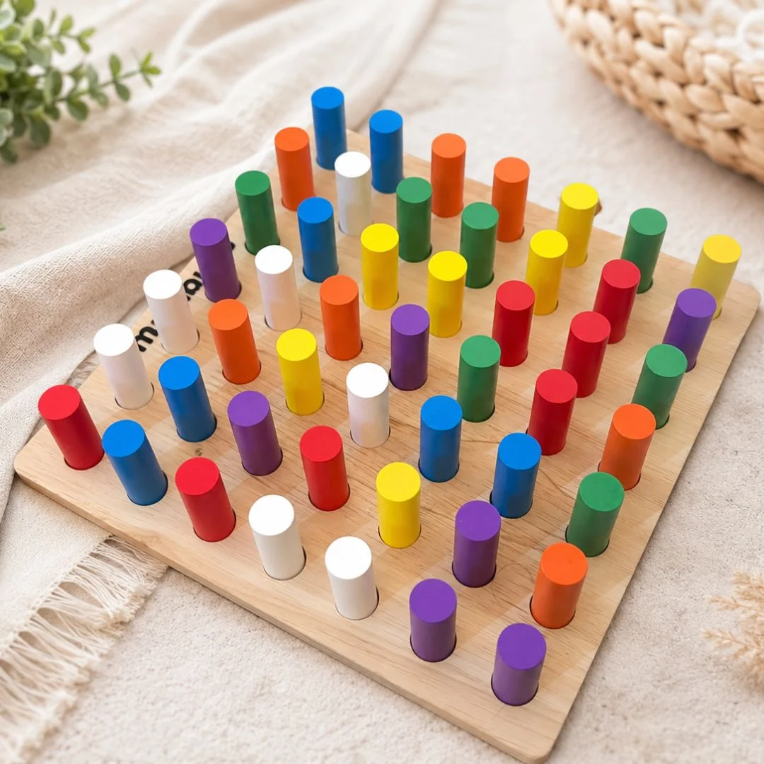 Wooden Montessori color sorting peg board with 49 rainbow pegs for fine motor skills