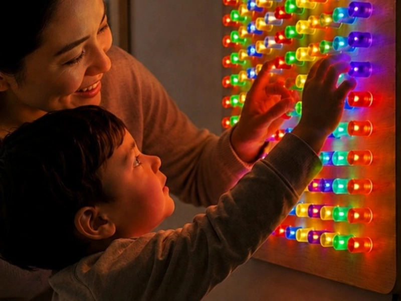 Mother and child pressing glowing rainbow LED peg board lights together