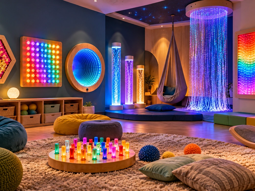 Colorful sensory room with LED panels, bubble tubes, fiber optic curtain, swing and light-up peg board