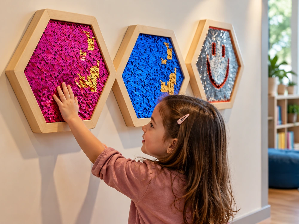 Child touching color-changing flip sequin sensory wall panels in hexagon frames