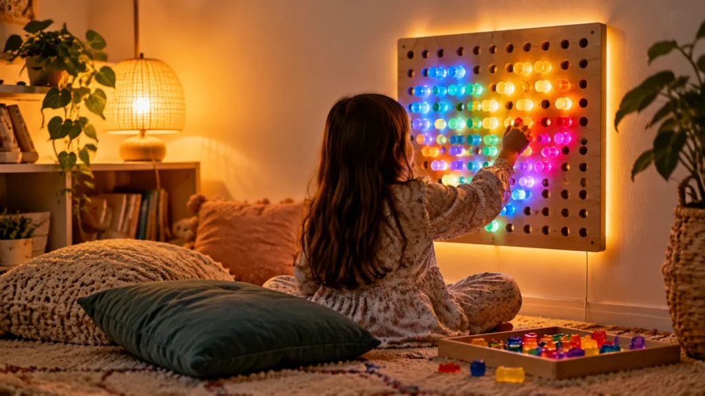 Sensory room equipment in a calm corner: child placing glowing pegs on a wall-mounted LED sensory panel
