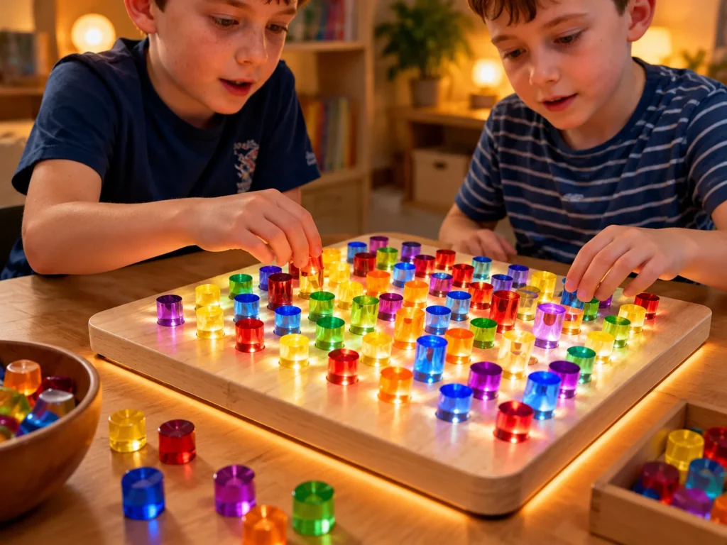 Two children building glowing patterns on a tabletop light up peg board with colorful translucent pegs