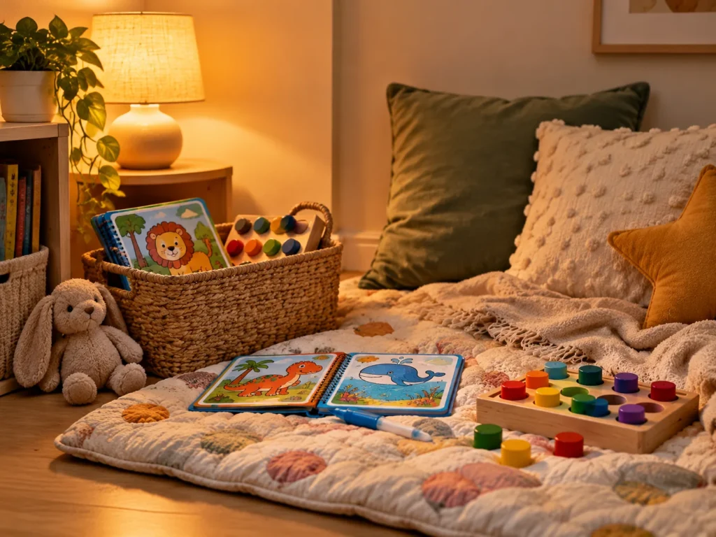 Quiet corner starter kit for sensory room equipment: water reveal coloring books and a wooden color sorting board on a quilt beside a lamp